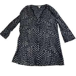 J Crew Womens L V Neck Tunic Navy Blue White Circle 3/4 Sleeve Beach Cover-up